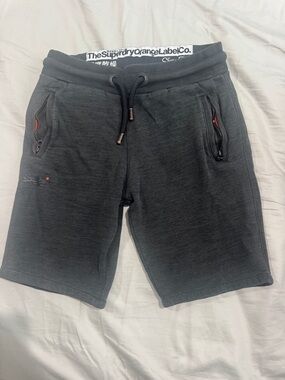 Superdry Dark Charcoal Drawstring Athletic Shorts with Orange Accent